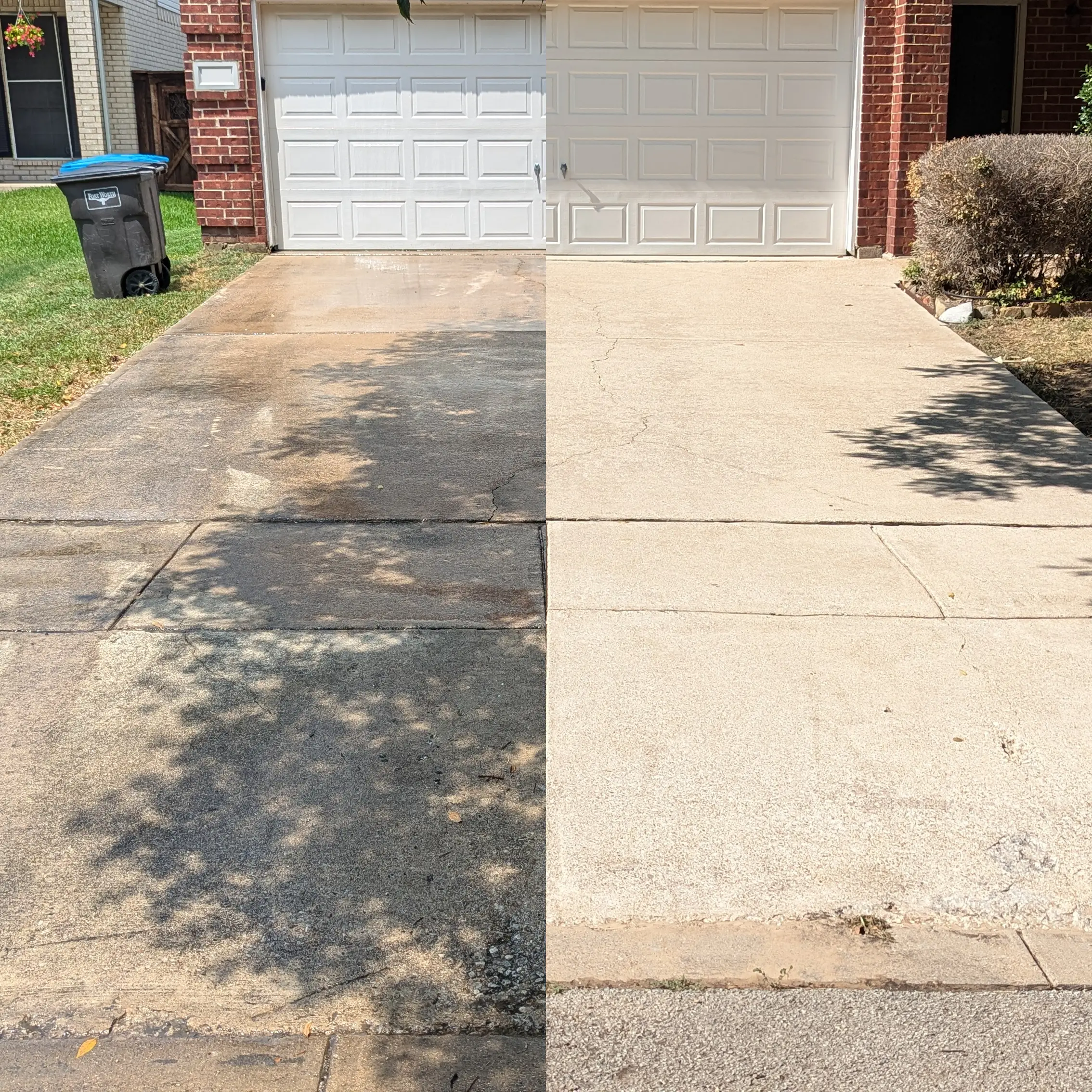 Before and after pressure washing driveway restoration showing clean concrete surface